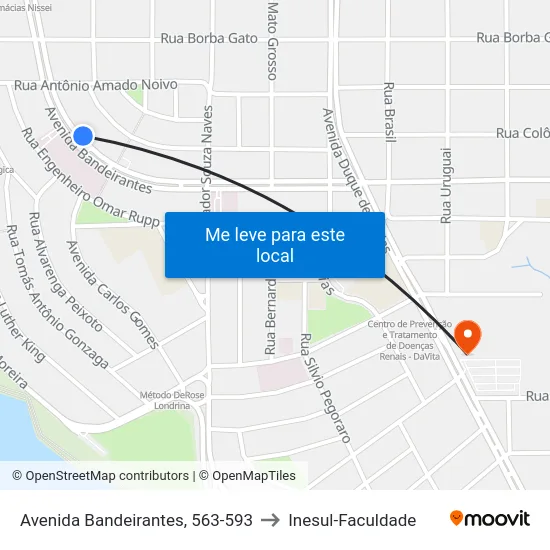Avenida Bandeirantes, 563-593 to Inesul-Faculdade map