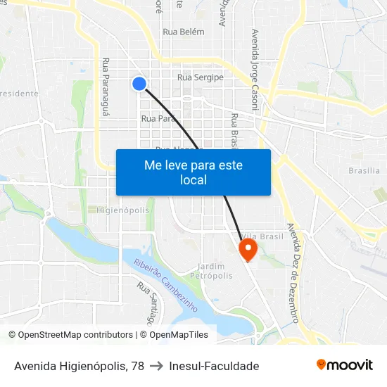 Avenida Higienópolis, 78 to Inesul-Faculdade map