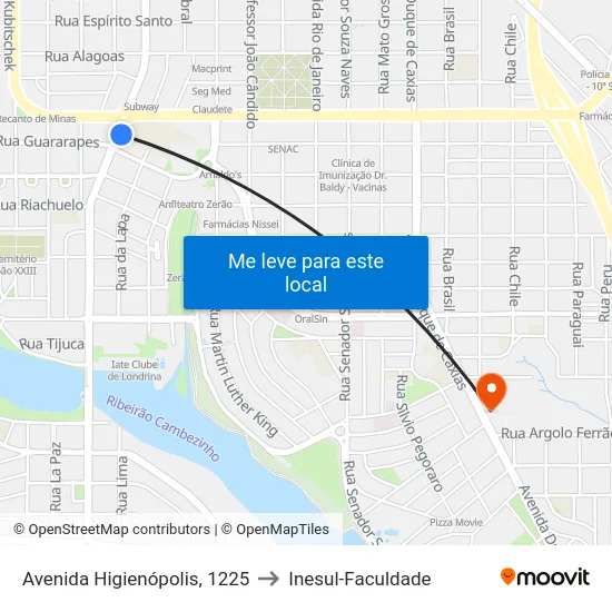 Avenida Higienópolis, 1225 to Inesul-Faculdade map