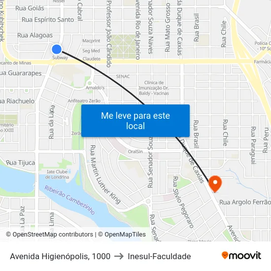 Avenida Higienópolis, 1000 to Inesul-Faculdade map