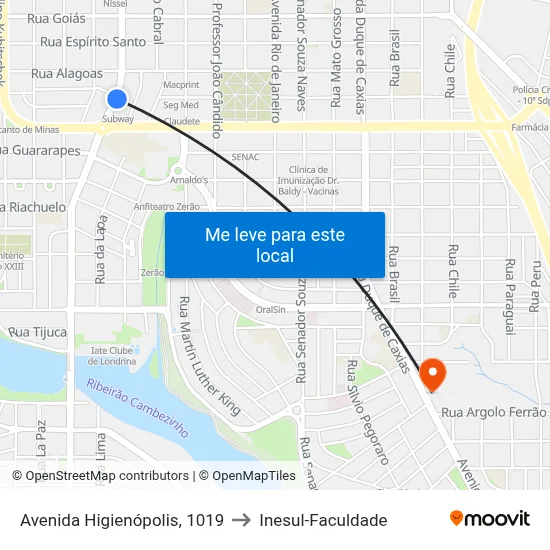 Avenida Higienópolis, 1019 to Inesul-Faculdade map