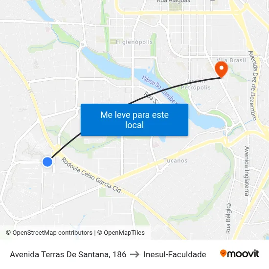 Avenida Terras De Santana, 186 to Inesul-Faculdade map