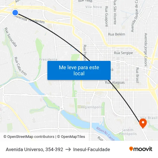 Avenida Universo, 354-392 to Inesul-Faculdade map