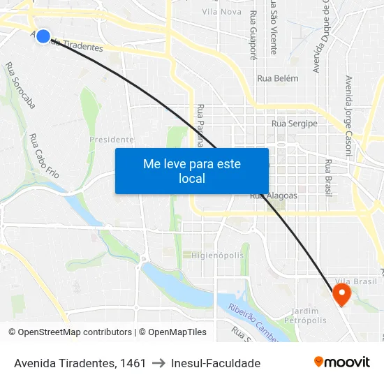 Avenida Tiradentes, 1461 to Inesul-Faculdade map