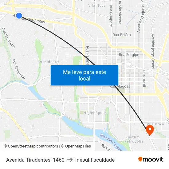 Avenida Tiradentes, 1460 to Inesul-Faculdade map