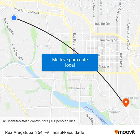Rua Araçatuba, 364 to Inesul-Faculdade map