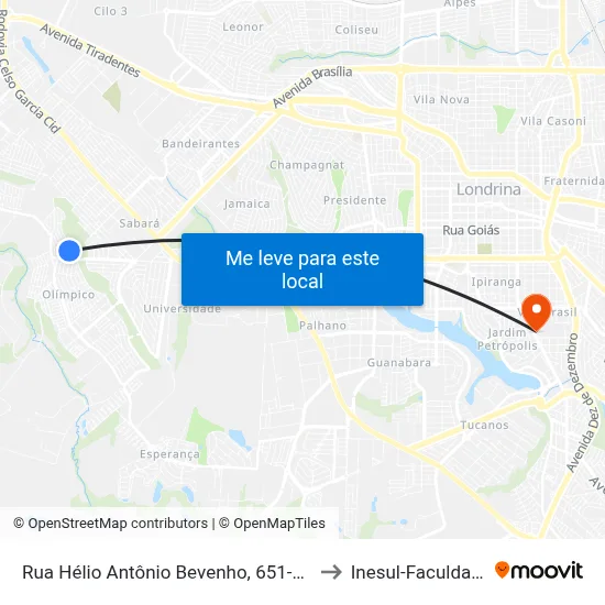Rua Hélio Antônio Bevenho, 651-661 to Inesul-Faculdade map