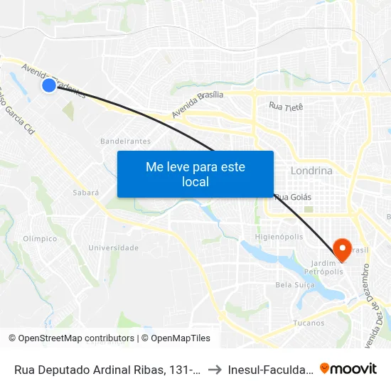 Rua Deputado Ardinal Ribas, 131-207 to Inesul-Faculdade map