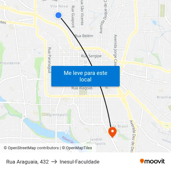 Rua Araguaia, 432 to Inesul-Faculdade map
