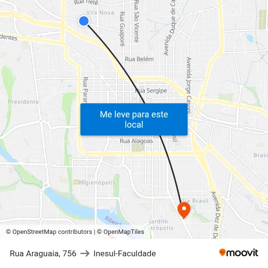 Rua Araguaia, 756 to Inesul-Faculdade map