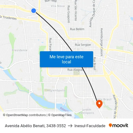 Avenida Abélio Benati, 3438-3552 to Inesul-Faculdade map