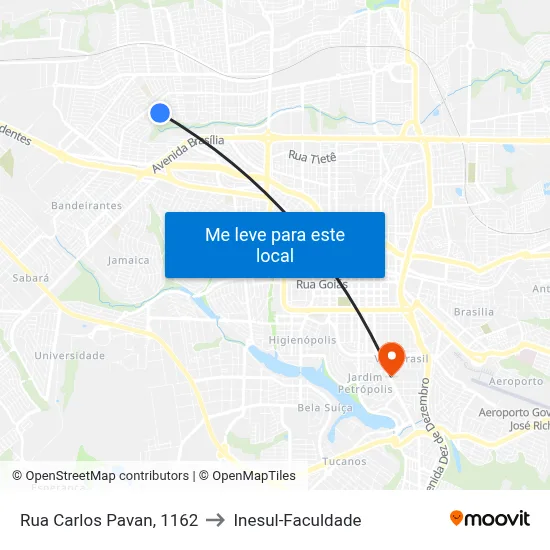 Rua Carlos Pavan, 1162 to Inesul-Faculdade map