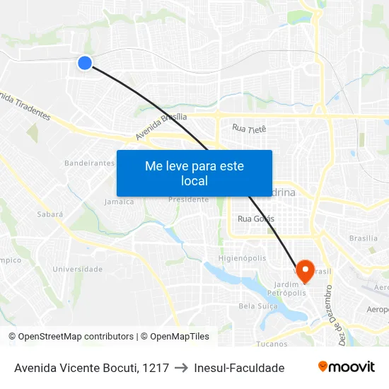 Avenida Vicente Bocuti, 1217 to Inesul-Faculdade map