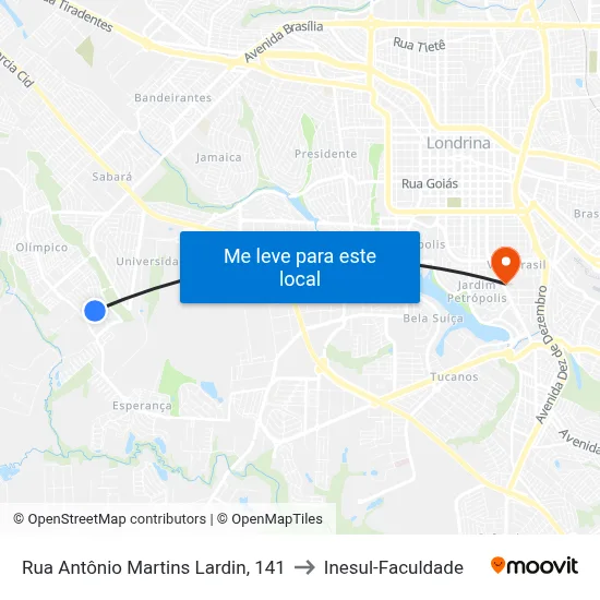 Rua Antônio Martins Lardin, 141 to Inesul-Faculdade map