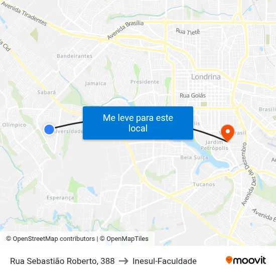 Rua Sebastião Roberto, 388 to Inesul-Faculdade map
