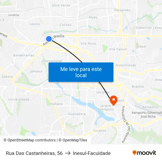Rua Das Castanheiras, 56 to Inesul-Faculdade map