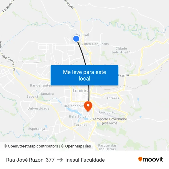 Rua José Ruzon, 377 to Inesul-Faculdade map