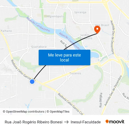 Rua Joaõ Rogério Ribeiro Bonesi to Inesul-Faculdade map