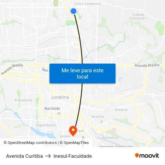 Avenida Curitiba to Inesul-Faculdade map