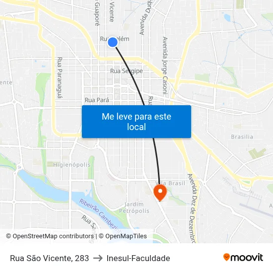 Rua São Vicente, 283 to Inesul-Faculdade map