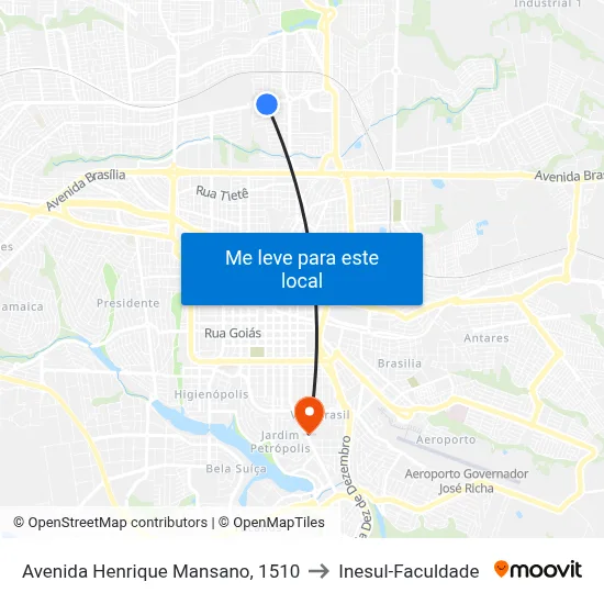 Avenida Henrique Mansano, 1510 to Inesul-Faculdade map