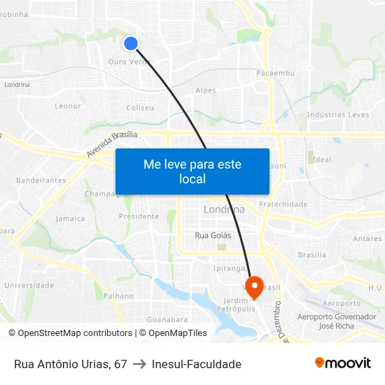 Rua Antônio Urias, 67 to Inesul-Faculdade map