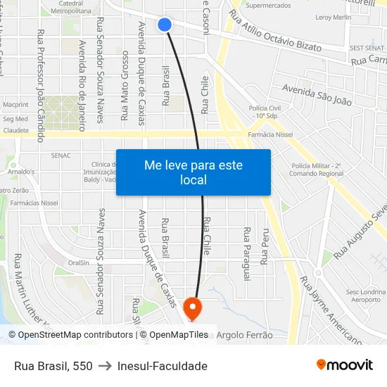 Rua Brasil, 550 to Inesul-Faculdade map