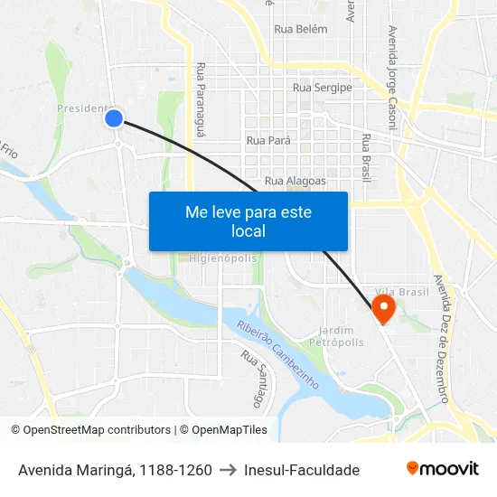 Avenida Maringá, 1188-1260 to Inesul-Faculdade map
