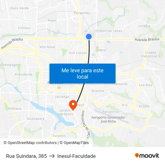 Rua Suindara, 385 to Inesul-Faculdade map