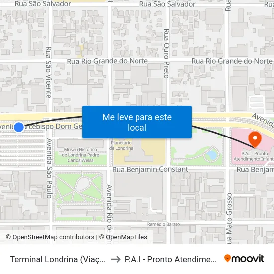 Terminal Londrina (Viação Garcia) to P.A.I - Pronto Atendimento Infantil map