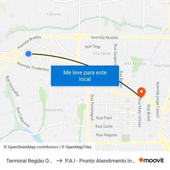 Terminal  Região Oeste to P.A.I - Pronto Atendimento Infantil map