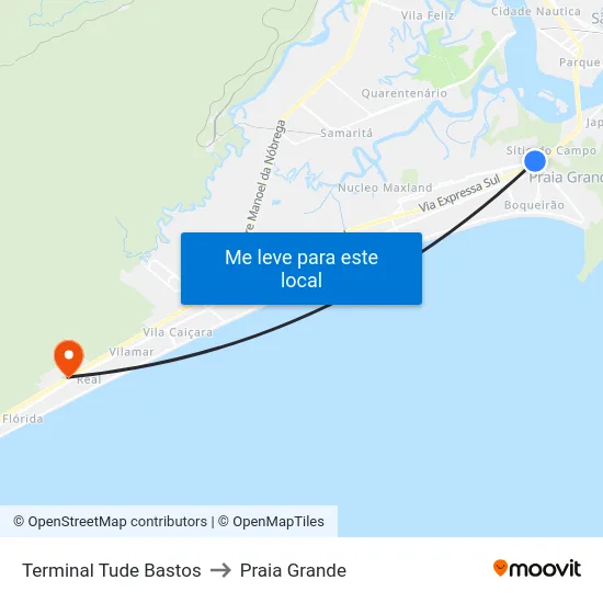 Terminal Tude Bastos to Praia Grande map