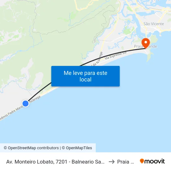 Av. Monteiro Lobato, 7201 - Balneario Santa Eugenia, Mongaguá to Praia Grande map