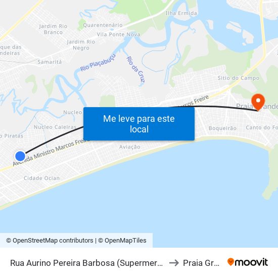 Rua Aurino Pereira Barbosa (Supermercado Cuca) to Praia Grande map