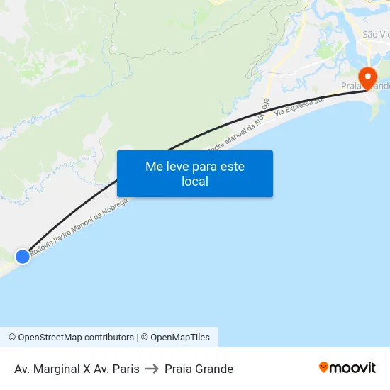 Av. Marginal X Av. Paris to Praia Grande map