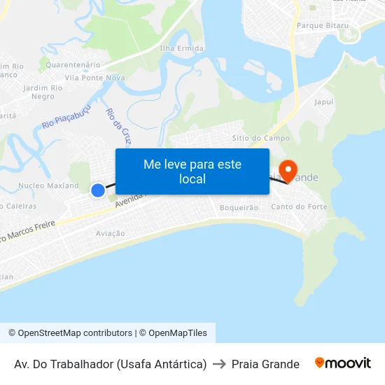 Av. Do Trabalhador (Usafa Antártica) to Praia Grande map