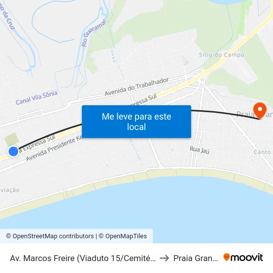 Av. Marcos Freire (Viaduto 15/Cemitério) to Praia Grande map
