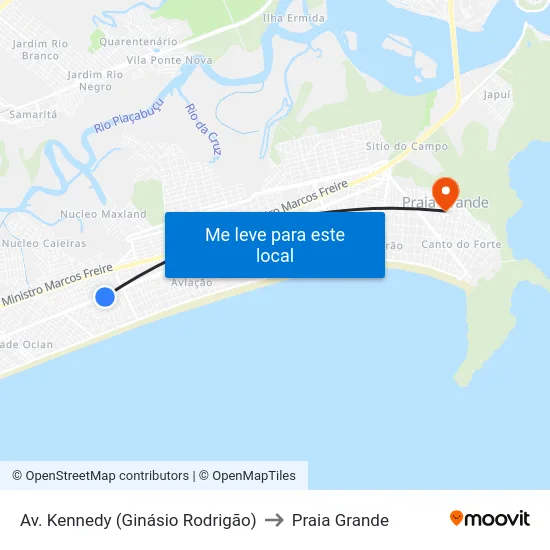 Av. Kennedy (Ginásio Rodrigão) to Praia Grande map