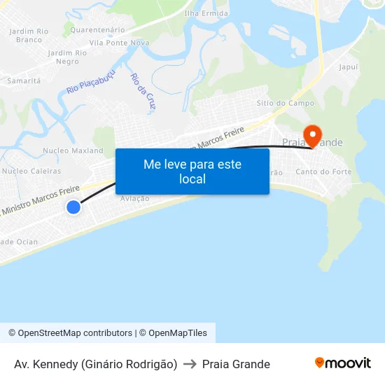 Av. Kennedy (Ginário Rodrigão) to Praia Grande map