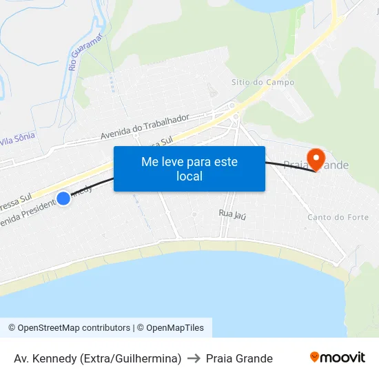 Av. Kennedy (Extra/Guilhermina) to Praia Grande map
