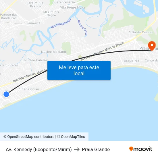 Av. Kennedy (Ecoponto/Mirim) to Praia Grande map