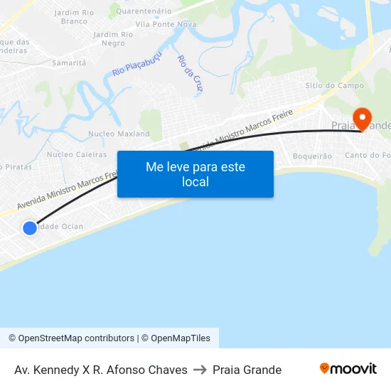Av. Kennedy X R. Afonso Chaves to Praia Grande map