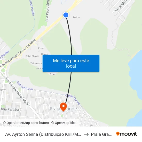 Av. Ayrton Senna (Distribuição Krill/Makro) to Praia Grande map