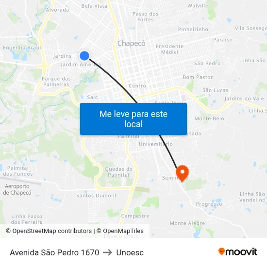 Avenida São Pedro 1670 to Unoesc map