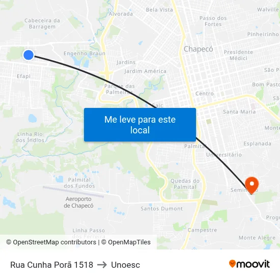 Rua Cunha Porã 1518 to Unoesc map