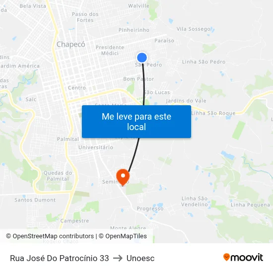 Rua José Do Patrocínio 33 to Unoesc map