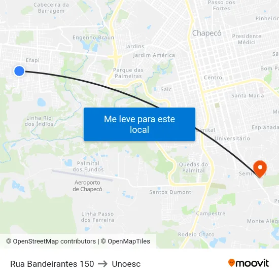 Rua Bandeirantes 150 to Unoesc map