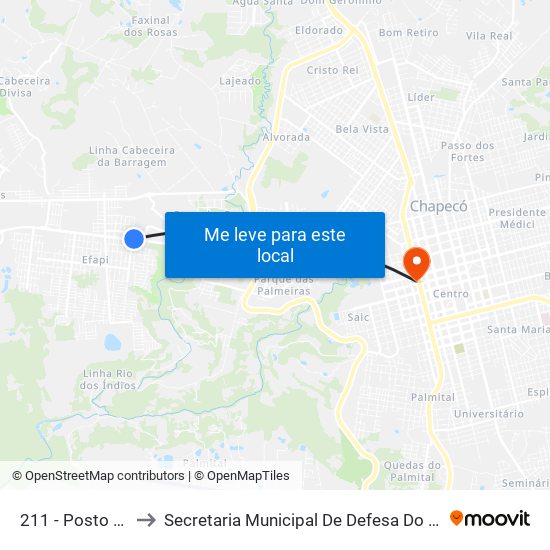 211 - Posto Milão C/B to Secretaria Municipal De Defesa Do Cidadão E Mobilidade map