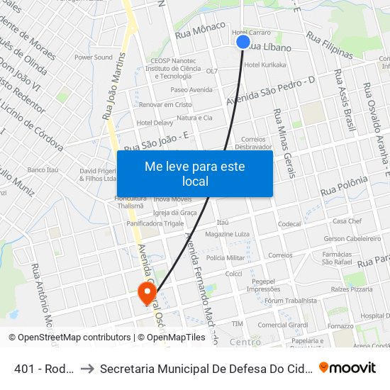 401 -  Rodoviaria to Secretaria Municipal De Defesa Do Cidadão E Mobilidade map