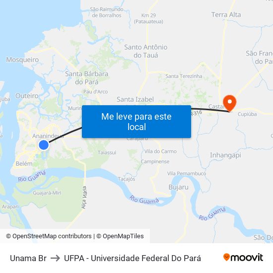 Unama Br to UFPA - Universidade Federal Do Pará map